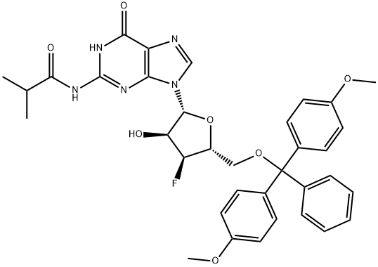 N2-iso-Buty royl-5'-O-(4,4'-dimethoxytrityl)-3'-deoxy-3'-fluoroguanosine 구조식 이미지