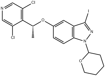 1H-Indazole, 5-[(1R)-1-(3,5-dichloro-4-pyridinyl)ethoxy]-3-iodo-1-(tetrahydro-2H-pyran-2-yl)- Structure