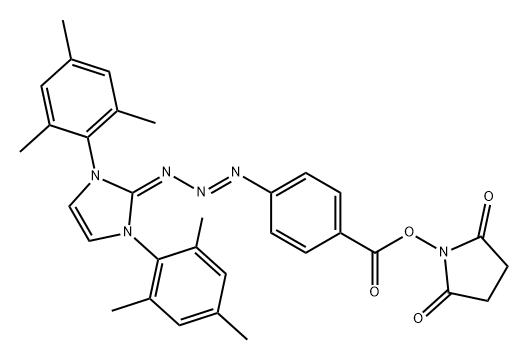 Benzoic acid, 4-[(1E)-3-[1,3-dihydro-1,3-bis(2,4,6-trimethylphenyl)-2H-imidazol-2-ylidene]-1-triazen-1-yl]-, 2,5-dioxo-1-pyrrolidinyl ester Structure