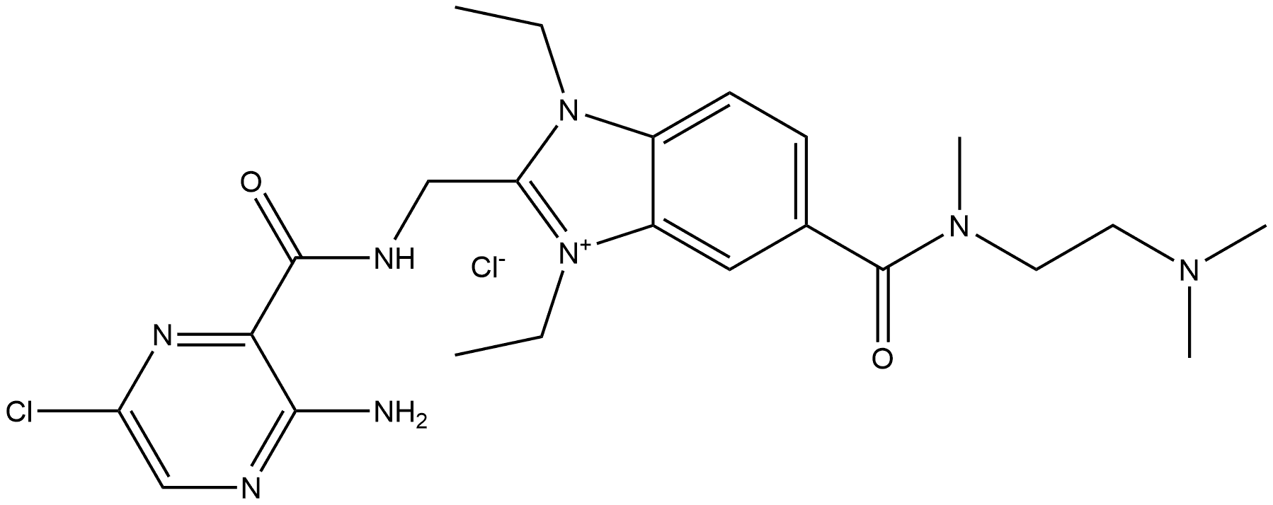 1H-Benzimidazolium, 2-[[[(3-amino-6-chloro-2-pyrazinyl)carbonyl]amino]methyl]-5-[[[2-(dimethylamino)ethyl]methylamino]carbonyl]-1,3-diethyl-, chloride (1:1) Structure