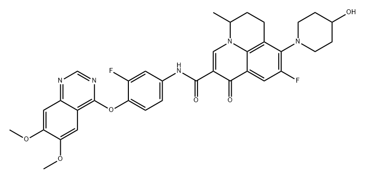 1H,5H-Benzo[ij]quinolizine-2-carboxamide, N-[4-[(6,7-dimethoxy-4-quinazolinyl)oxy]-3-fluorophenyl]-9-fluoro-6,7-dihydro-8-(4-hydroxy-1-piperidinyl)-5-methyl-1-oxo- Structure