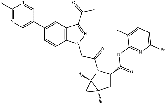 2-Azabicyclo[3.1.0]hexane-3-carboxamide, 2-[2-[3-acetyl-5-(2-methyl-5-pyrimidinyl)-1H-indazol-1-yl]acetyl]-N-(6-bromo-3-methyl-2-pyridinyl)-5-methyl-, (1R,3S,5R)- Structure