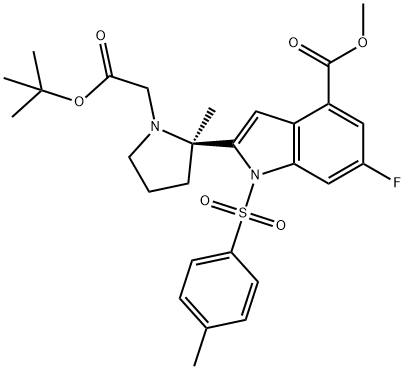 1H-Indole-4-carboxylic acid, 2-[(2R)-1-[2-(1,1-dimethylethoxy)-2-oxoethyl]-2-methyl-2-pyrrolidinyl]-6-fluoro-1-[(4-methylphenyl)sulfonyl]-, methyl ester Structure