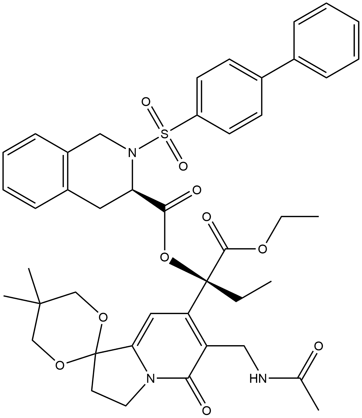 Ethyl (αS)-6′-[(acetylamino)methyl]-α-[[[(3R)-2-([1,1′-biphenyl]-4-ylsulfonyl)-1,2,3,4-tetrahydro-3-isoquinolinyl]carbonyl]oxy]-α-ethyl-2′,3′-dihydro-5,5-dimethyl-5′-oxospiro[1,3-dioxane-2,1′(5′H)-indolizine]-7′-acetate Structure