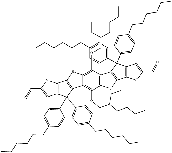 Thieno[3',2':4,5]cyclopenta[1,2-b]thieno[2'',3'':3',4']cyclopenta[1',2':4,5]thieno[2,3-f][1]benzothiophene-2,8-dicarboxaldehyde, 5,11-bis[(2-ethylhexyl)oxy]-4,4,10,10-tetrakis(4-hexylphenyl)-4,10-dihydro- Structure