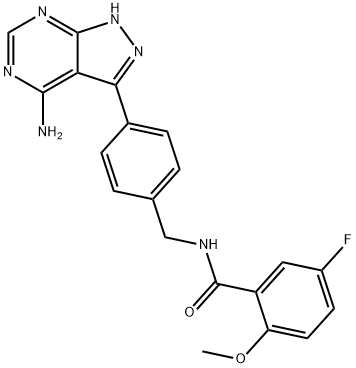 N-(4-(4-amino-1H-pyrazolo[3,4-d]pyrimidin-3-yl)benzyl)-5-fluoro-2-methoxybenzamide 구조식 이미지