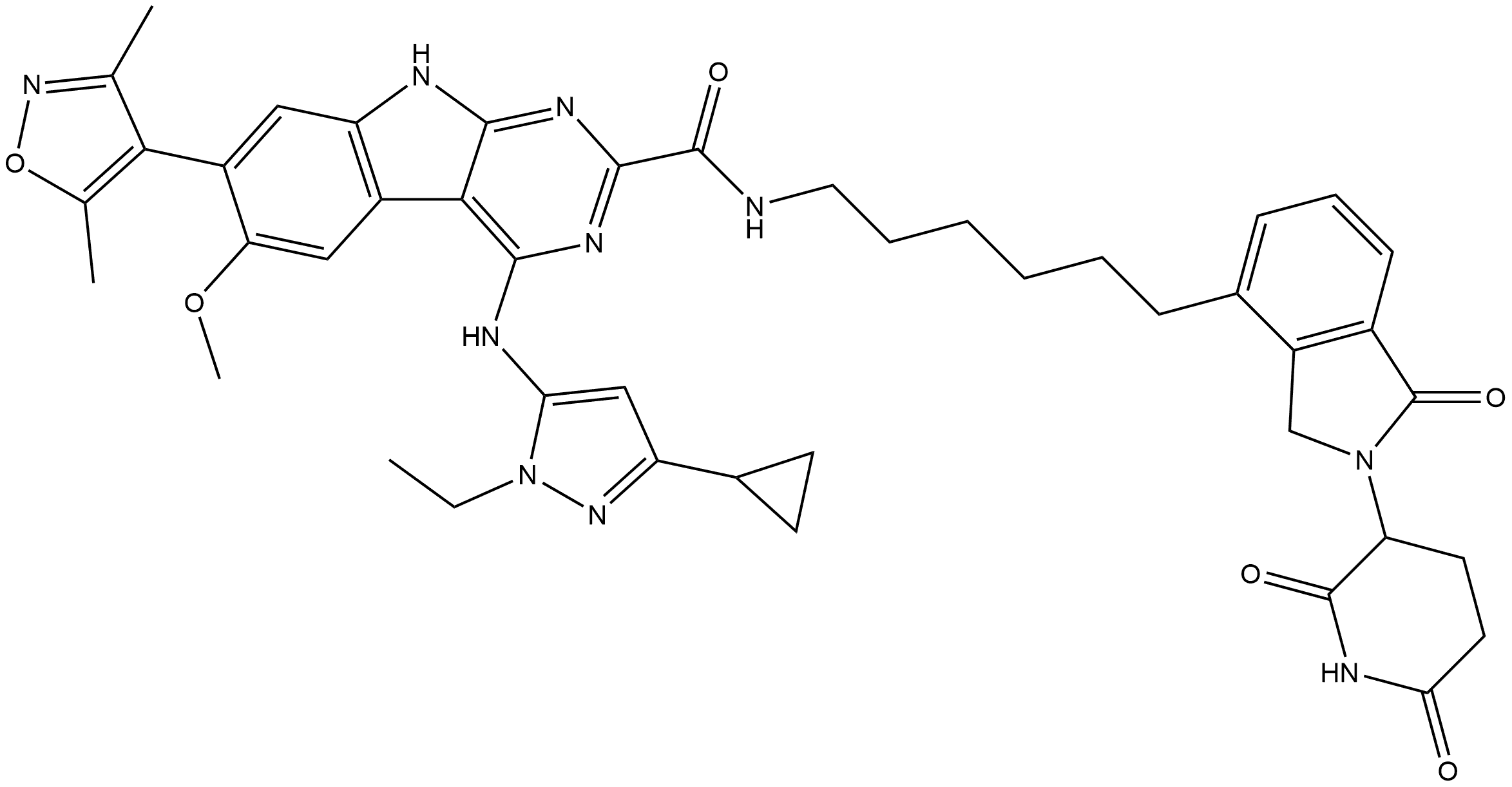 4-[(3-Cyclopropyl-1-ethyl-1H-pyrazol-5-yl)amino]-7-(3,5-dimethyl-4-isoxazolyl)-N-[6-[2-(2,6-dioxo-3-piperidinyl)-2,3-dihydro-1-oxo-1H-isoindol-4-yl]hexyl]-6-methoxy-9H-pyrimido[4,5-b]indole-2-carboxamide Structure