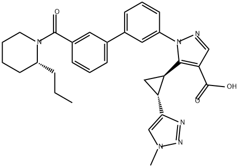 1H-Pyrazole-4-carboxylic acid, 5-[(1R,2R)-2-(1-methyl-1H-1,2,3-triazol-4-yl)cyclopropyl]-1-[3'-[[(2R)-2-propyl-1-piperidinyl]carbonyl][1,1'-biphenyl]-3-yl]- 구조식 이미지