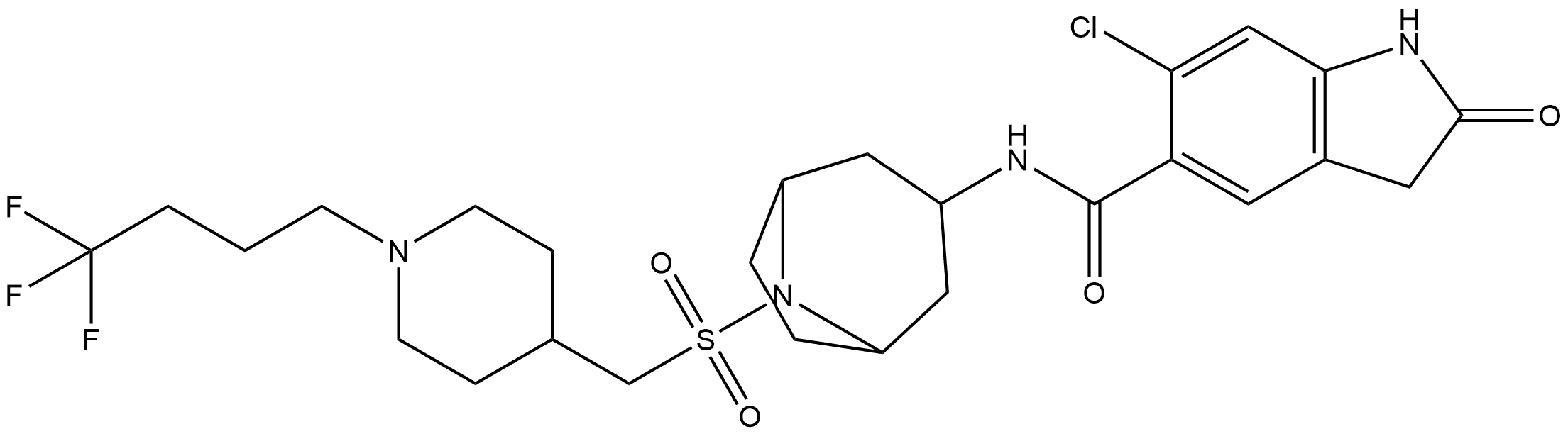 1H-Indole-5-carboxamide, 6-chloro-2,3-dihydro-2-oxo-N-[(3-endo)-8-[[[1-(4,4,4-trifluorobutyl)-4-piperidinyl]methyl]sulfonyl]-8-azabicyclo[3.2.1]oct-3-yl]- 구조식 이미지