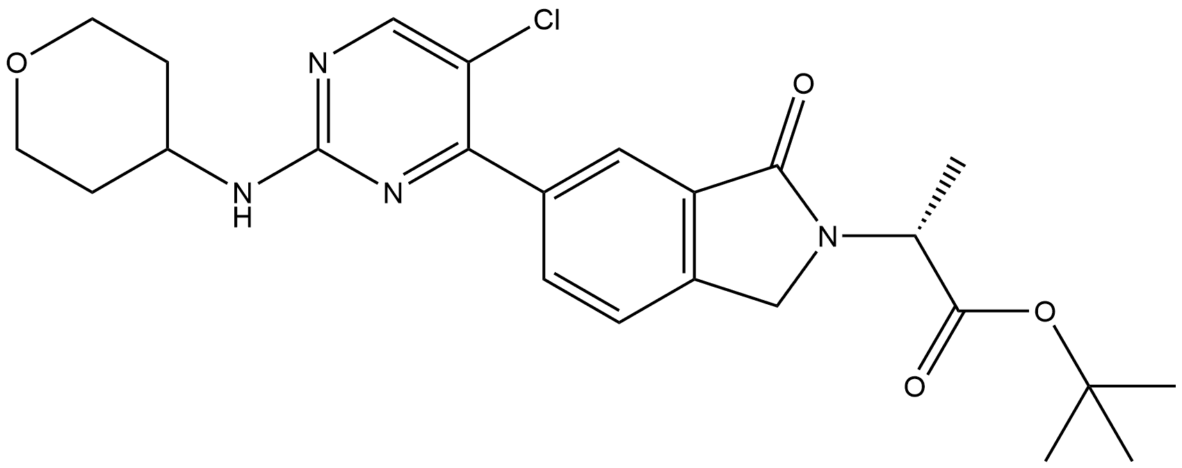 tert-butyl (R)-2-(6-(5-chloro-2-((tetrahydro-2H-pyran-4-yl)amino)pyrimidin-4-yl)-1-oxoisoindolin-2-yl)propanoate Structure