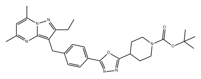 1-Piperidinecarboxylic acid, 4-[5-[4-[(2-ethyl-5,7-dimethylpyrazolo[1,5-a]pyrimidin-3-yl)methyl]phenyl]-1,3,4-oxadiazol-2-yl]-, 1,1-dimethylethyl ester Structure