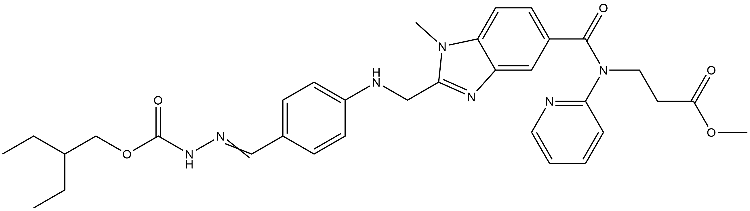 β-Alanine, N-[[2-[[[4-[[[(2-ethylbutoxy)carbonyl]amino]iminomethyl]phenyl]amino]methyl]-1-methyl-1H-benzimidazol-5-yl]carbonyl]-N-2-pyridinyl-, methyl ester Structure