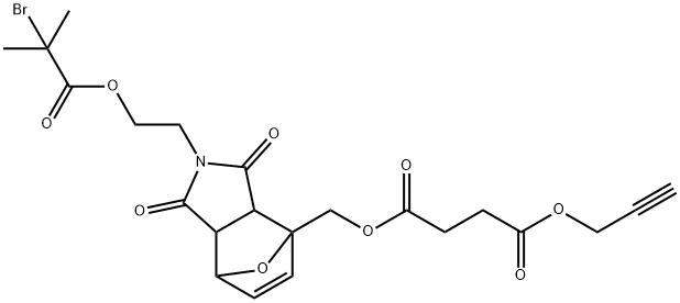 (2-(2-((2-bromo-2-methylpropanoyl)oxy)ethyl)-1,3-dioxo-1,2,3,3a,7,7a-hexahydro-4H-4,7-epoxyisoindol-4-yl)methyl prop-2-yn-1-yl succinate Structure