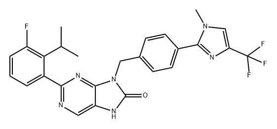 8H-Purin-8-one, 2-[3-fluoro-2-(1-methylethyl)phenyl]-7,9-dihydro-9-[[4-[1-methyl-4-(trifluoromethyl)-1H-imidazol-2-yl]phenyl]methyl]- Structure