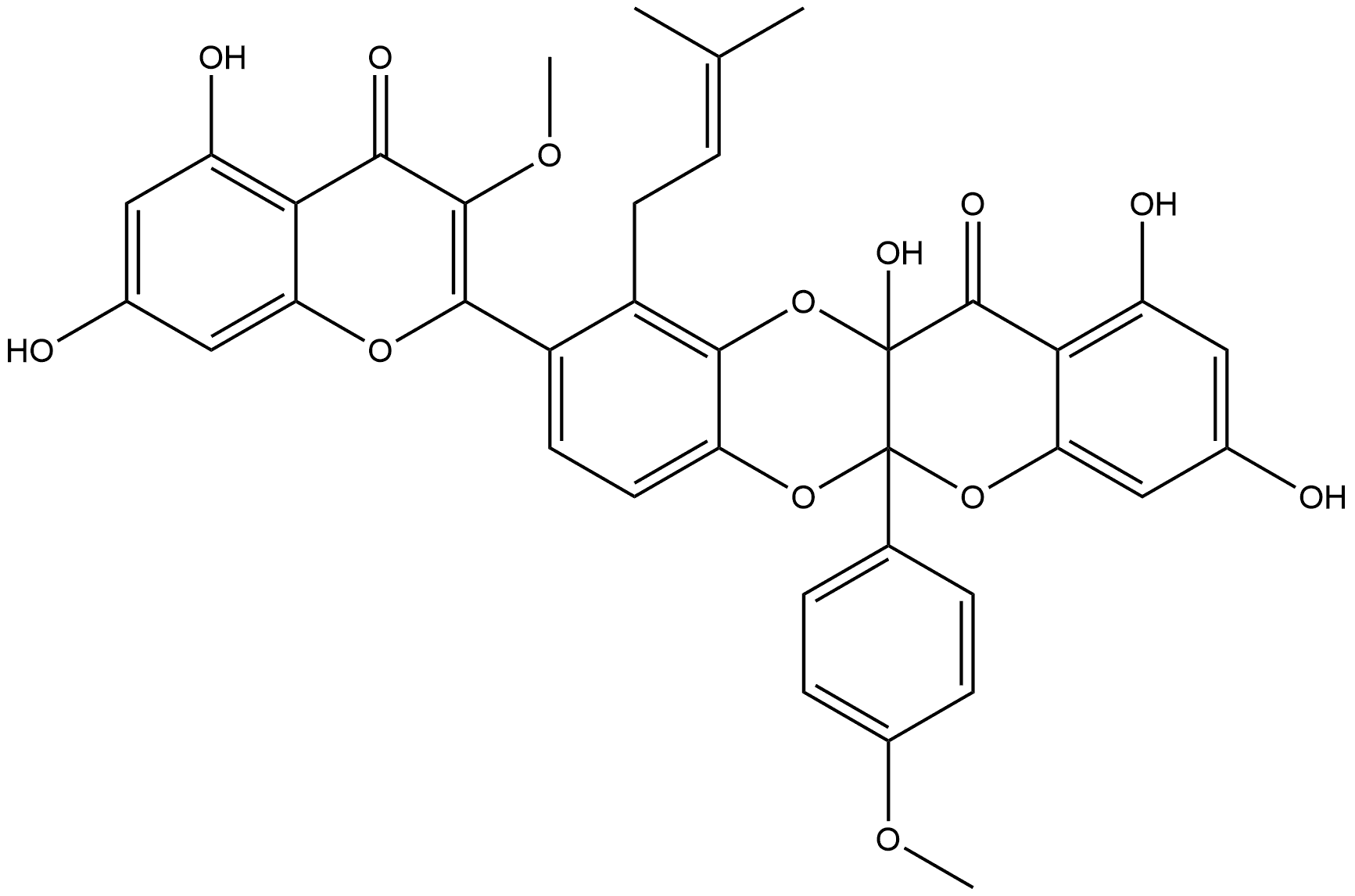 12H-[1]Benzopyrano[2,3-b][1,4]benzodioxin-12-one, 9-(5,7-dihydroxy-3-methoxy-4-oxo-4H-1-benzopyran-2-yl)-5a,11a-dihydro-1,3,11a-trihydroxy-5a-(4-methoxyphenyl)-10-(3-methyl-2-buten-1-yl)-, (+)- Structure