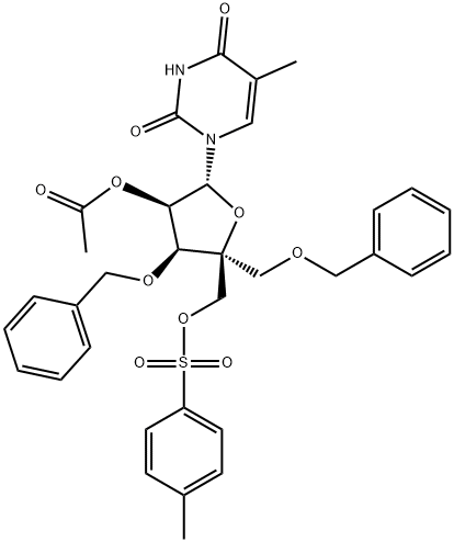 Uridine, 5-methyl-4'-C-[[[(4-methylphenyl)sulfonyl]oxy]methyl]-3',5'-bis-O-(phenylmethyl)-, 2'-acetate Structure