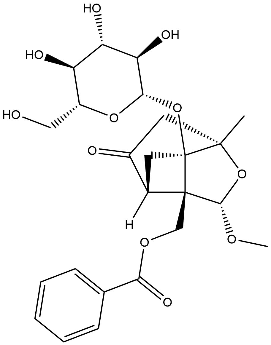 7-Oxatricyclo[4.3.0.03,9]nonan-4-one, 9-[(benzoyloxy)methyl]-1-(β-D-glucopyranosyloxy)-8-methoxy-6-methyl-, (1R,3R,6S,8S,9S)- Structure