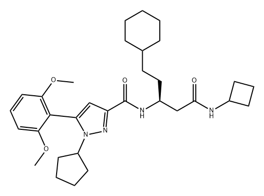 1H-Pyrazole-3-carboxamide, N-[(1S)-3-(cyclobutylamino)-1-(2-cyclohexylethyl)-3-oxopropyl]-1-cyclopentyl-5-(2,6-dimethoxyphenyl)- Structure