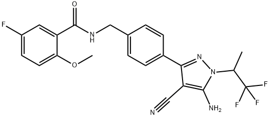 Benzamide, N-[[4-[5-amino-4-cyano-1-(2,2,2-trifluoro-1-methylethyl)-1H-pyrazol-3-yl]phenyl]methyl]-5-fluoro-2-methoxy- 구조식 이미지