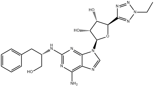 3,4-Furandiol, 2-[6-amino-2-[[(1S)-1-(hydroxymethyl)-2-phenylethyl]amino]-9H-purin-9-yl]-5-(2-ethyl-2H-tetrazol-5-yl)tetrahydro-, (2R,3R,4S,5R)- Structure