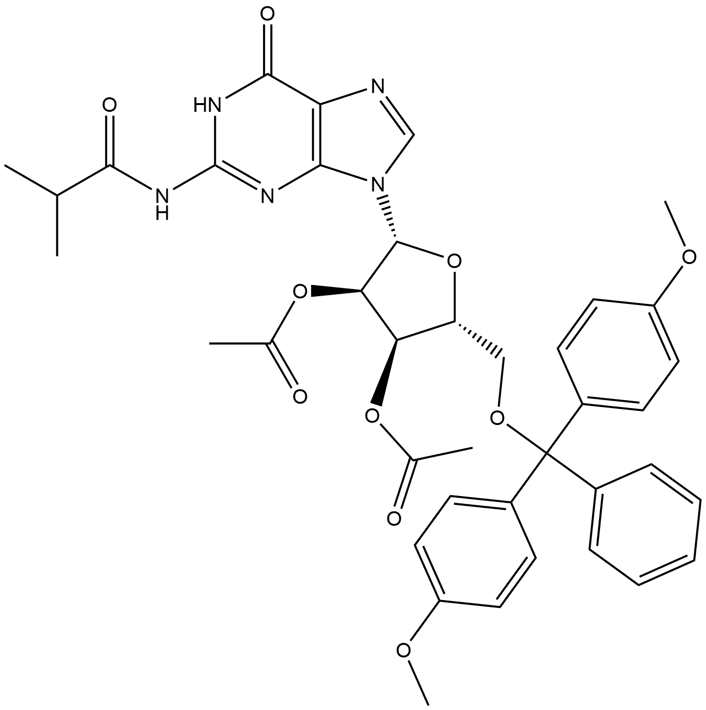 Guanosine, 5'-O-[bis(4-methoxyphenyl)phenylmethyl]-N-(2-methyl-1-oxopropyl)-, 2',3'-diacetate 구조식 이미지