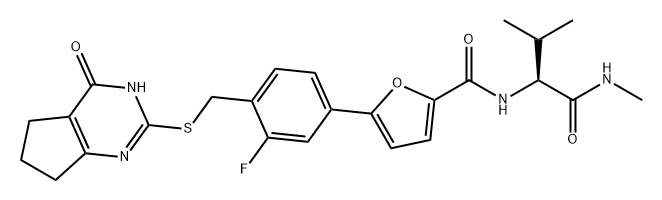 2-Furancarboxamide, 5-[3-fluoro-4-[[(4,5,6,7-tetrahydro-4-oxo-3H-cyclopenta[d]pyrimidin-2-yl)thio]methyl]phenyl]-N-[(1S)-2-methyl-1-[(methylamino)carbonyl]propyl]- Structure