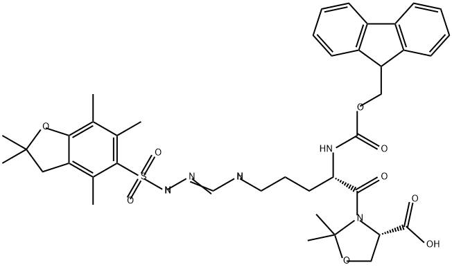 4-Oxazolidinecarboxylic acid, 3-[(2S)-5-[[[[(2,3-dihydro-2,2,4,6,7-pentamethyl-5-benzofuranyl)sulfonyl]amino]iminomethyl]amino]-2-[[(9H-fluoren-9-ylmethoxy)carbonyl]amino]-1-oxopentyl]-2,2-dimethyl-, (4S)- 구조식 이미지