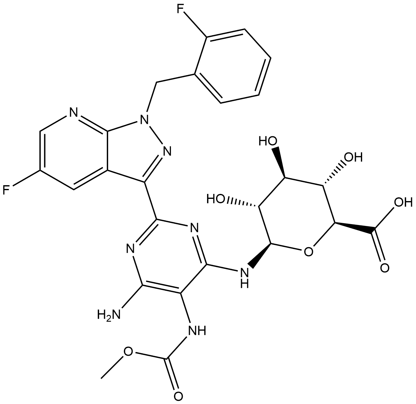 1-[[6-Amino-2-[5-fluoro-1-[(2-fluorophenyl)methyl]-1H-pyrazolo[3,4-b]pyridin-3-yl]-5-[(methoxycarbonyl)amino]-4-pyrimidinyl]amino]-1-deoxy-β-D-glucopyranuronic acid Structure