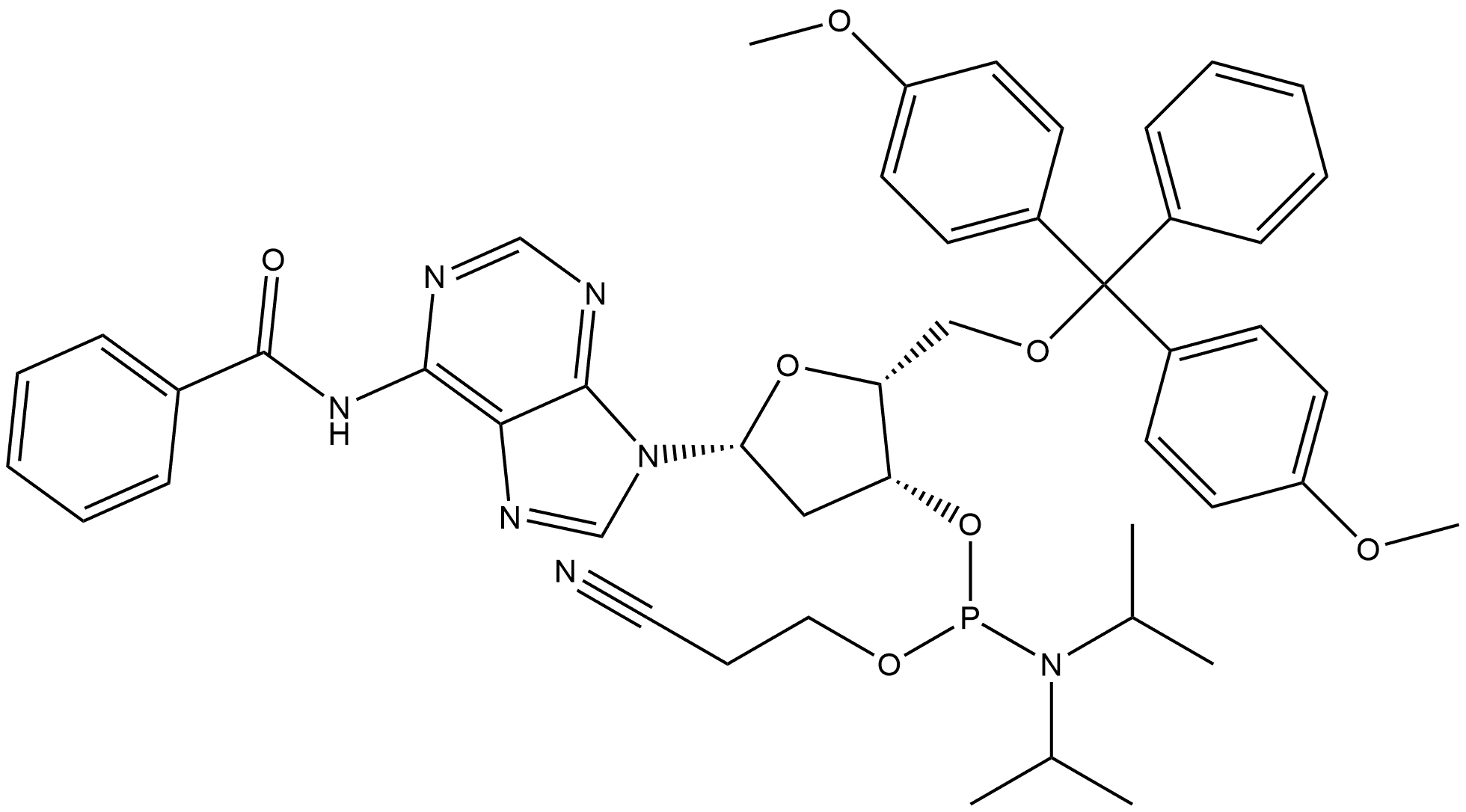 N-[9-[5-O-[Bis(4-methoxyphenyl)phenylmethyl]-3-O-[[bis(1-methylethyl)amino](2-cyanoethoxy)phosphino]-2-deoxy-β-D-threo-pentofuranosyl]-9H-purin-6-yl]benzamide Structure