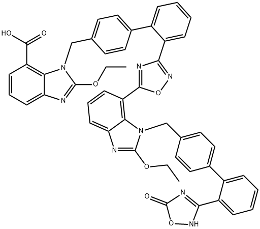 1H-Benzimidazole-7-carboxylic acid, 1-[[2'-[5-[1-[[2'-(2,5-dihydro-5-oxo-1,2,4-oxadiazol-3-yl)[1,1'-biphenyl]-4-yl]methyl]-2-ethoxy-1H-benzimidazol-7-yl]-1,2,4-oxadiazol-3-yl][1,1'-biphenyl]-4-yl]methyl]-2-ethoxy- 구조식 이미지