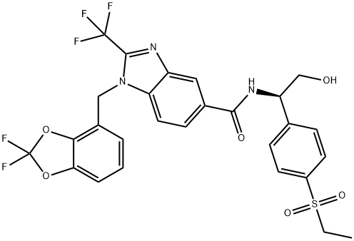 1H-Benzimidazole-5-carboxamide, 1-[(2,2-difluoro-1,3-benzodioxol-4-yl)methyl]-N-[(1R)-1-[4-(ethylsulfonyl)phenyl]-2-hydroxyethyl]-2-(trifluoromethyl)- Structure