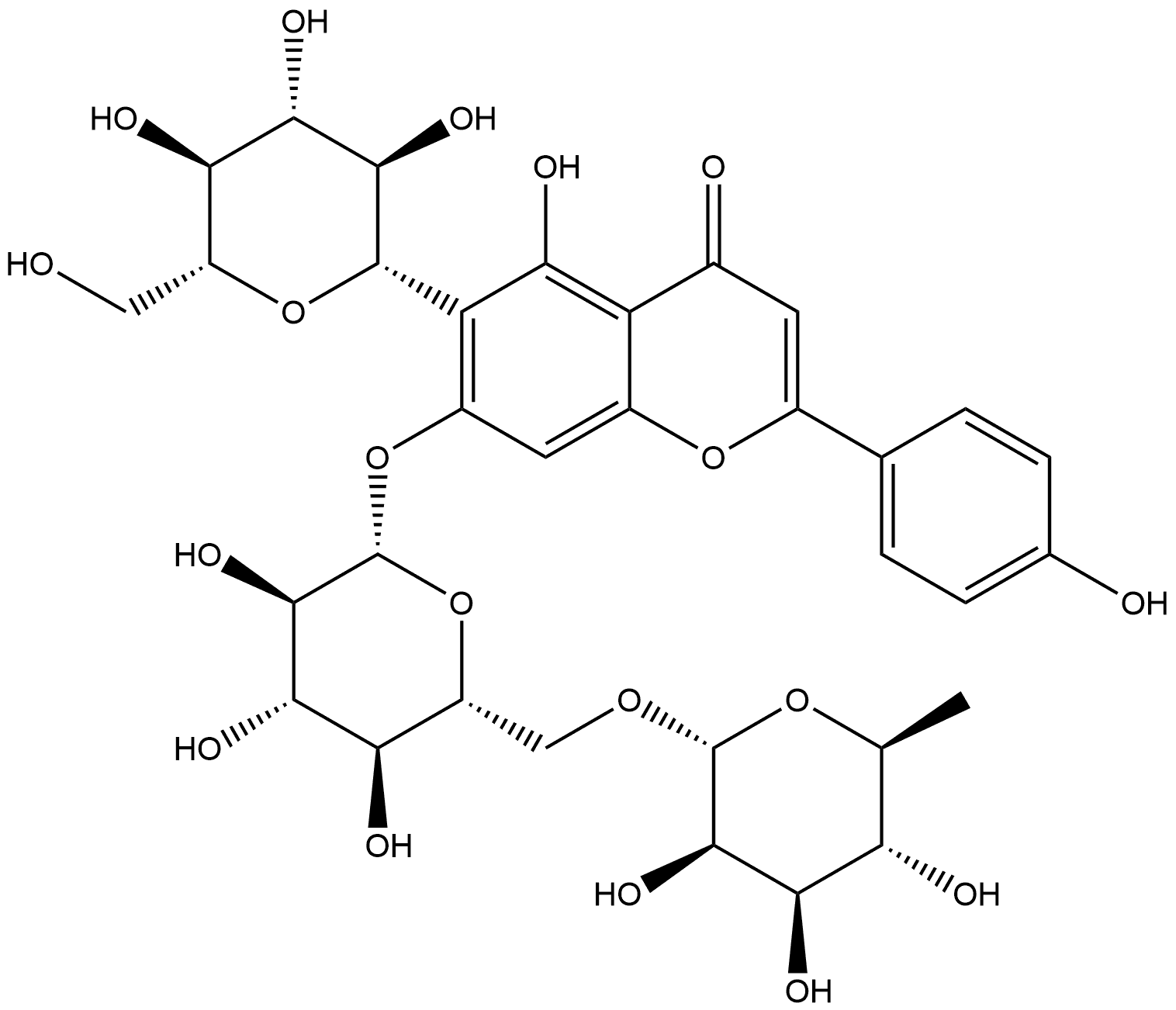 4H-1-Benzopyran-4-one, 7-[[6-O-(6-deoxy-α-L-mannopyranosyl)-β-D-glucopyranosyl]oxy]-6-β-D-glucopyranosyl-5-hydroxy-2-(4-hydroxyphenyl)- Structure