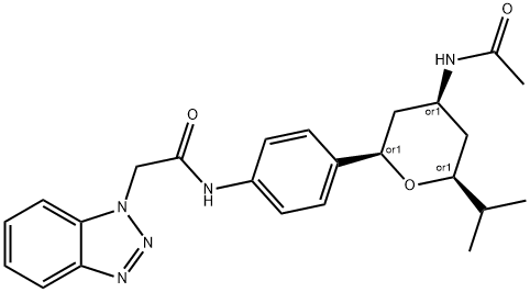 1H-Benzotriazole-1-acetamide, N-[4-[(2R,4S,6S)-4-(acetylamino)tetrahydro-6-(1-methylethyl)-2H-pyran-2-yl]phenyl]-, rel- Structure