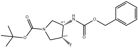 1-Pyrrolidinecarboxylic acid, 3-fluoro-4-[[(phenylmethoxy)carbonyl]amino]-, 1,1-dimethylethyl ester, (3R,4S)-rel- Structure