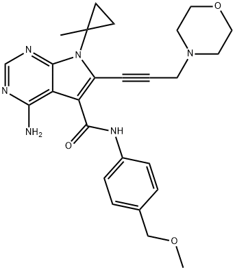 7H-Pyrrolo[2,3-d]pyrimidine-5-carboxamide, 4-amino-N-[4-(methoxymethyl)phenyl]-7-(1-methylcyclopropyl)-6-[3-(4-morpholinyl)-1-propyn-1-yl]- Structure