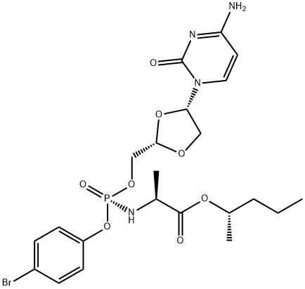 L-Alanine, N-[(S)-[[(2S,4S)-4-(4-amino-2-oxo-1(2H)-pyrimidinyl)-1,3-dioxolan-2-yl]methoxy](4-bromophenoxy)phosphinyl]-, (1S)-1-methylbutyl ester Structure