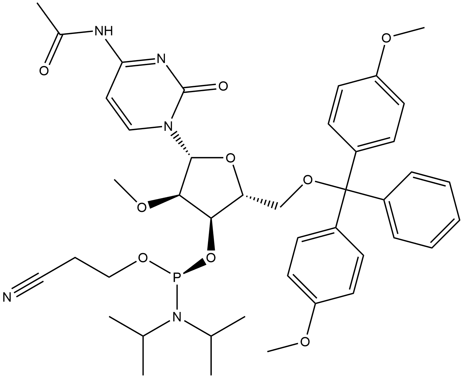 Cytidine, N-acetyl-5'-O-[bis(4-methoxyphenyl)phenylmethyl]-2'-O-methyl-, 3'-[2-cyanoethyl (R)-bis(1-methylethyl)phosphoramidite] (9CI) 구조식 이미지