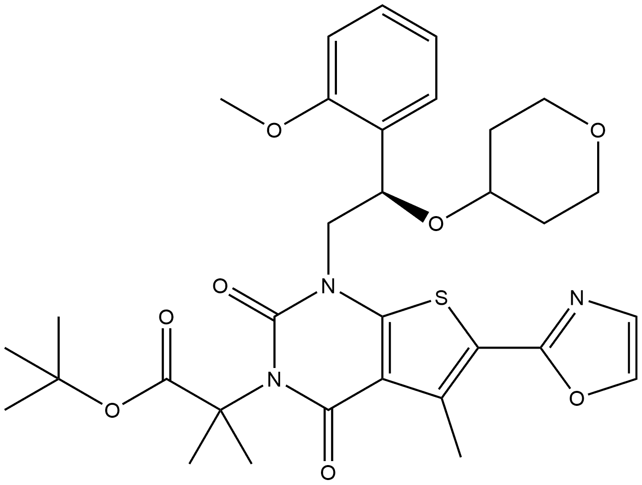 (R)-tert-Butyl 2-(1-(2-(2-Methoxyphenyl)-2-((tetrahydro-2H-pyran-4-yl)oxy)ethyl)-5-methyl-6-(oxazol-2-yl)-2,4-dioxo-1,2-dihydrothieno[2,3-d]pyrimidin-3(4H)-yl)-2-methylpropanoate Structure