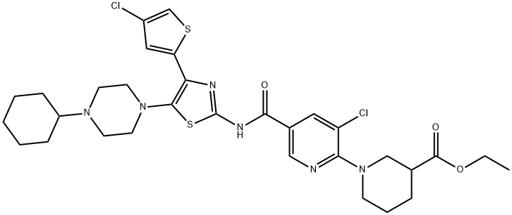 Ethyl 1-[3-chloro-5-[[4-(4-chlorothiophen-2-yl)-5-(4-cyclohexylpiperazin-1-yl)-1,3-thiazol-2-yl]carbamoyl]pyridin-2-yl]piperidine-3-carboxylate Structure