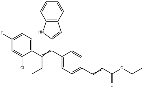 ethyl (E)-3-(4-((E)-2-(2-chloro-4-fluorophenyl)-1-(1H-indol-2-yl)but-1-en-1-yl)phenyl)acrylate Structure