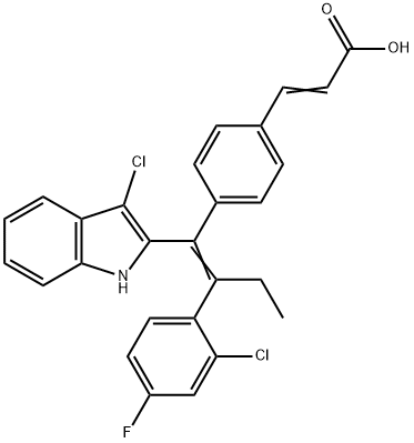 (E)-3-(4-((E)-1-(3-chloro-1H-indol-2-yl)-2-(2-chloro-4-fluorophenyl)but-1-en-1-yl)phenyl)acrylic acid Structure