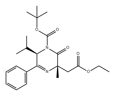 3(2H)-Pyrazineacetic acid, 1-[(1,1-dimethylethoxy)carbonyl]-3,6-dihydro-3-methyl-6-(1-methylethyl)-2-oxo-5-phenyl-, ethyl ester, (3S,6R)- Structure