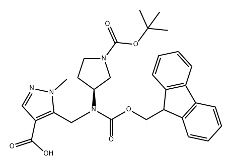 5-({[(3S)-1-[(tert-butoxy)carbonyl]pyrrolidin-3-yl]({[
(9H-fluoren-9-yl)methoxy]carbonyl})amino}methyl
)-1-methyl-1H-pyrazole-4-carboxylic acid Structure