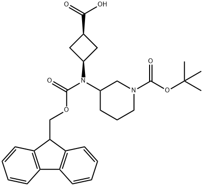 (1s,3s)-3-({1-[(tert-butoxy)carbonyl]piperidin-3-yl}({[(9H-fluoren-9-yl)methoxy]carbonyl})amino)cyclobutane-1-carboxylic acid Structure