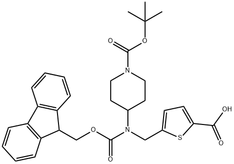 5-[({1-[(tert-butoxy)carbonyl]piperidin-4-yl}({[(9H-fl uoren-9-yl)methoxy]carbonyl})amino)methyl]thiop hene-2-carboxylic acid Structure