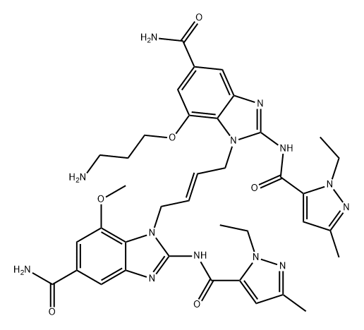 1H-Benzimidazole-5-carboxamide, 1-[(2E)-4-[5-(aminocarbonyl)-7-(3-aminopropoxy)-2-[[(1-ethyl-3-methyl-1H-pyrazol-5-yl)carbonyl]amino]-1H-benzimidazol-1-yl]-2-buten-1-yl]-2-[[(1-ethyl-3-methyl-1H-pyrazol-5-yl)carbonyl]amino]-7-methoxy- Structure