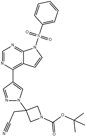 1-Azetidinecarboxylic acid, 3-(cyanomethyl)-3-[4-[7-(phenylsulfonyl)-7H-pyrrolo[2,3-d]pyrimidin-4-yl]-1H-pyrazol-1-yl]-, 1,1-dimethylethyl ester Structure