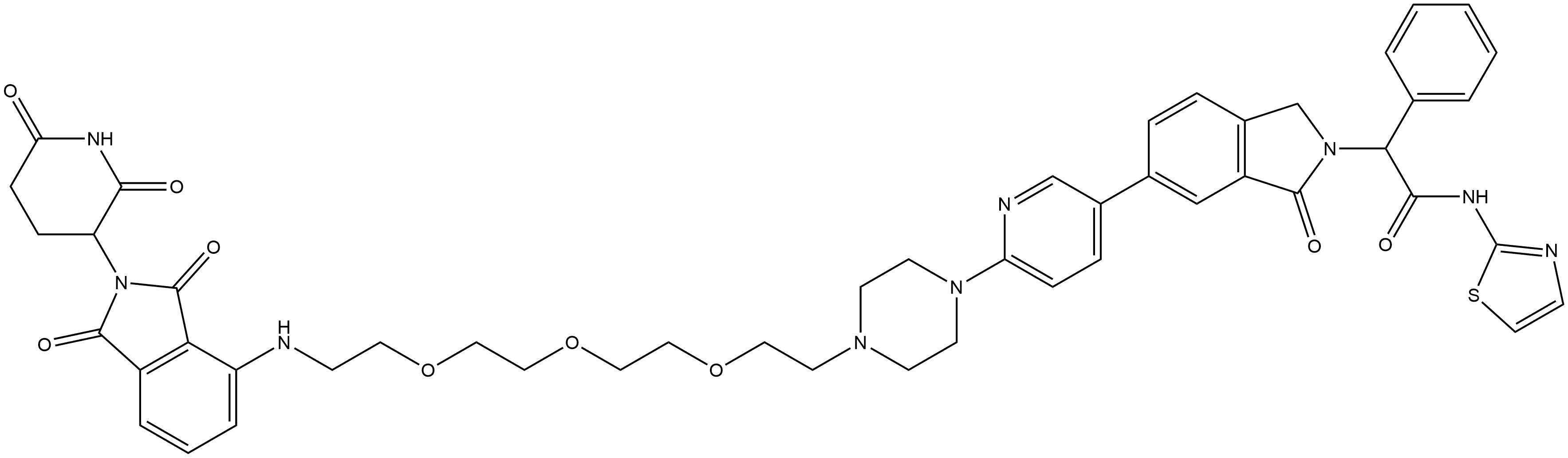 2H-Isoindole-2-acetamide, 6-[6-[4-[2-[2-[2-[2-[[2-(2,6-dioxo-3-piperidinyl)-2,3-dihydro-1,3-dioxo-1H-isoindol-4-yl]amino]ethoxy]ethoxy]ethoxy]ethyl]-1-piperazinyl]-3-pyridinyl]-1,3-dihydro-1-oxo-α-phenyl-N-2-thiazolyl- 구조식 이미지