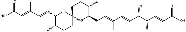 2,6,8-Decatrienoic acid, 10-[(2R,3S,6S,8R,9S)-8-[(1E,3E)-4-carboxy-3-methyl-1,3-butadien-1-yl]-3,9-dimethyl-1,7-dioxaspiro[5.5]undec-2-yl]-5-hydroxy-4,8-dimethyl-, (2E,4S,5S,6E,8E)- Structure