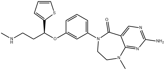 5H-Pyrimido[4,5-e][1,4]diazepin-5-one, 2-amino-6,7,8,9-tetrahydro-9-methyl-6-[3-[(1S)-3-(methylamino)-1-(2-thienyl)propoxy]phenyl]- Structure